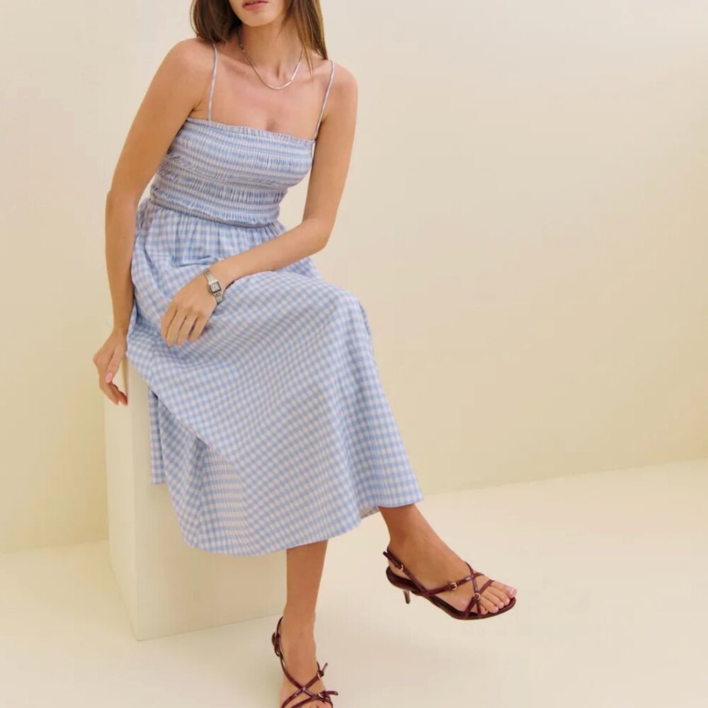 Reformation Kerrie Midi Dress - Crystal Check Blue Ivory Causal Summer Best - Picture 12 of 15
